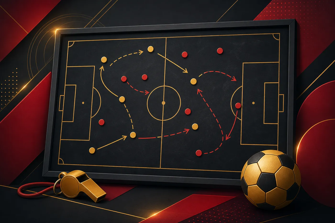 Ilustrasi papan taktis dengan panah, peluit, dan bola di atas latar gelap keemasan