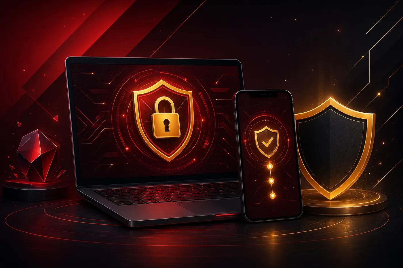 Ilustrasi laptop dengan gembok, perisai, dan ponsel dengan titik verifikasi menyala