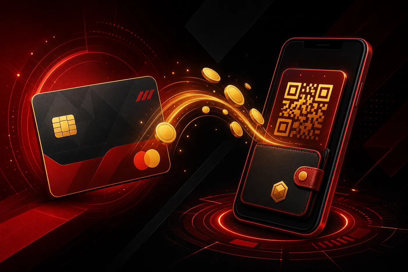 Ilustrasi kartu bank, ponsel dompet digital dengan pola QR, dan aliran koin di antara keduanya