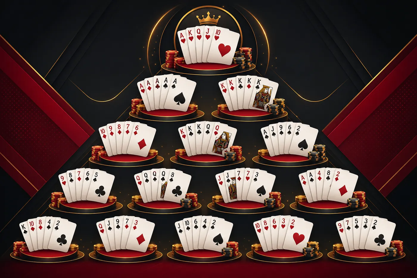 Ilustrasi susunan kombinasi kartu poker bertingkat dari bawah ke atas membentuk piramida