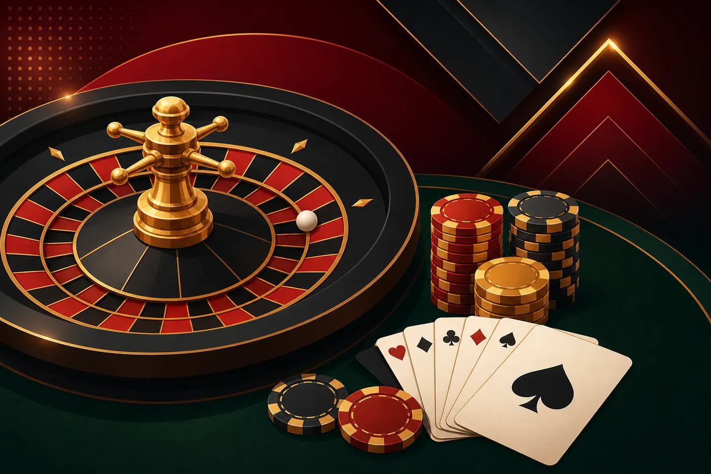Ilustrasi roda roulette dengan bola putih, kartu remi, dan tumpukan chip di atas kain hijau
