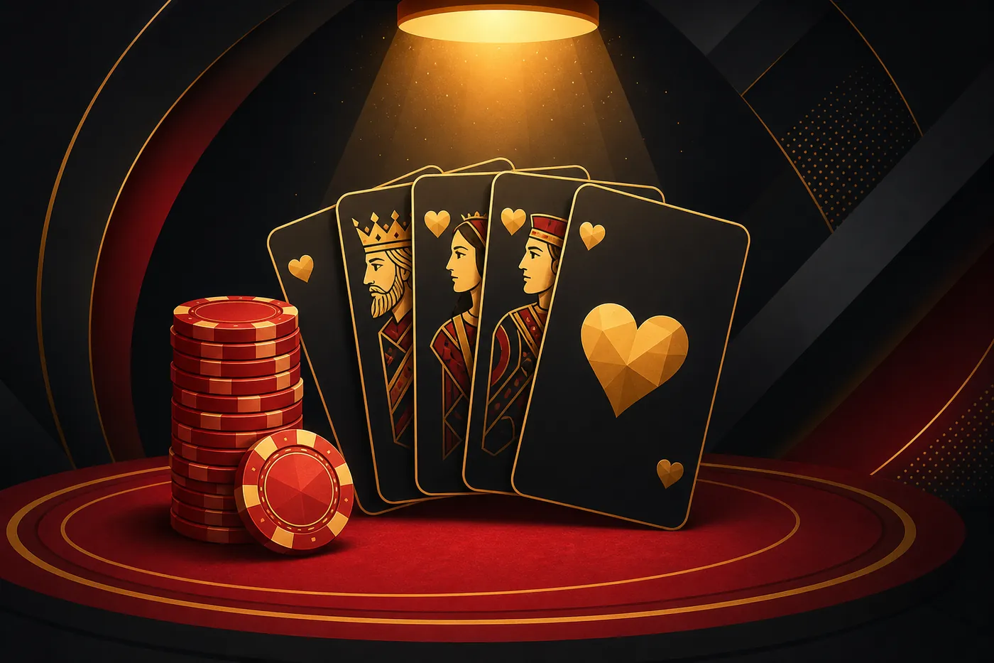 Ilustrasi kartu royal flush dengan tumpukan chip merah di bawah sorot lampu