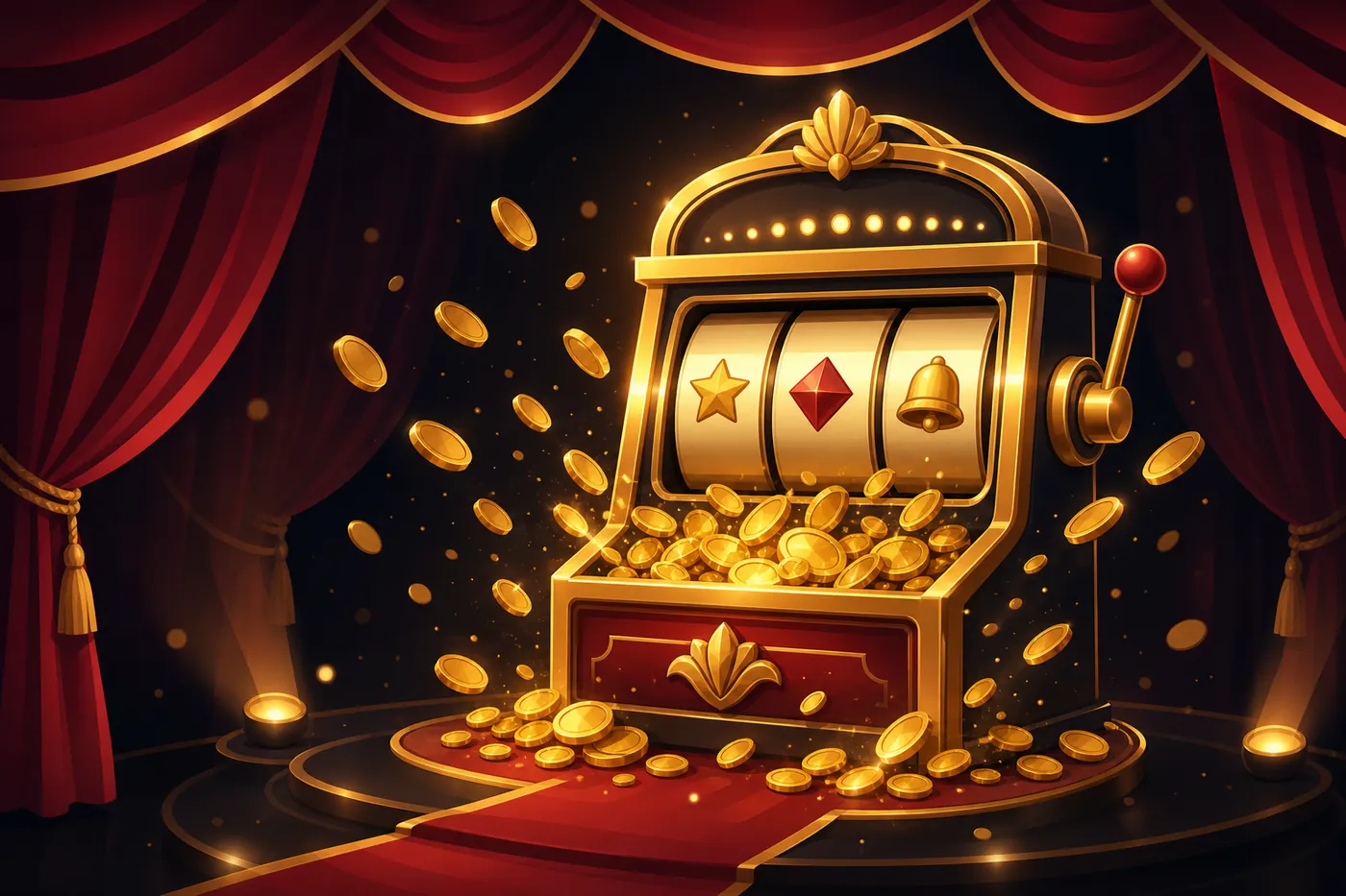 Ilustrasi mesin slot emas dengan percikan koin di atas panggung merah — representasi visual portal informasi neng4d