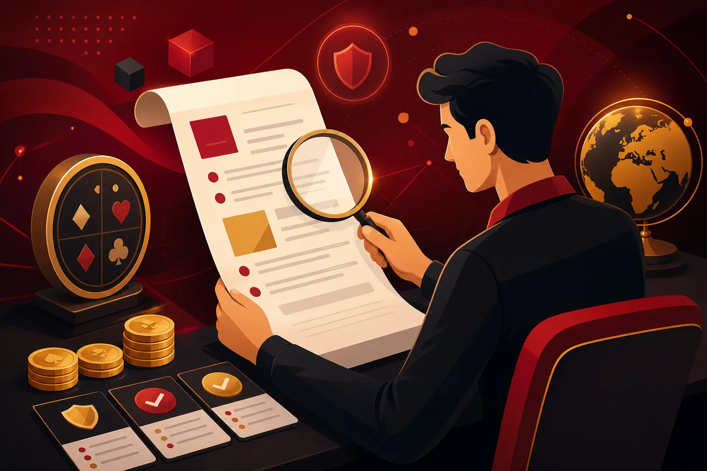 Ilustrasi seseorang membaca dokumen syarat dengan kaca pembesar, kartu daftar centang, dan koin emas di atas meja