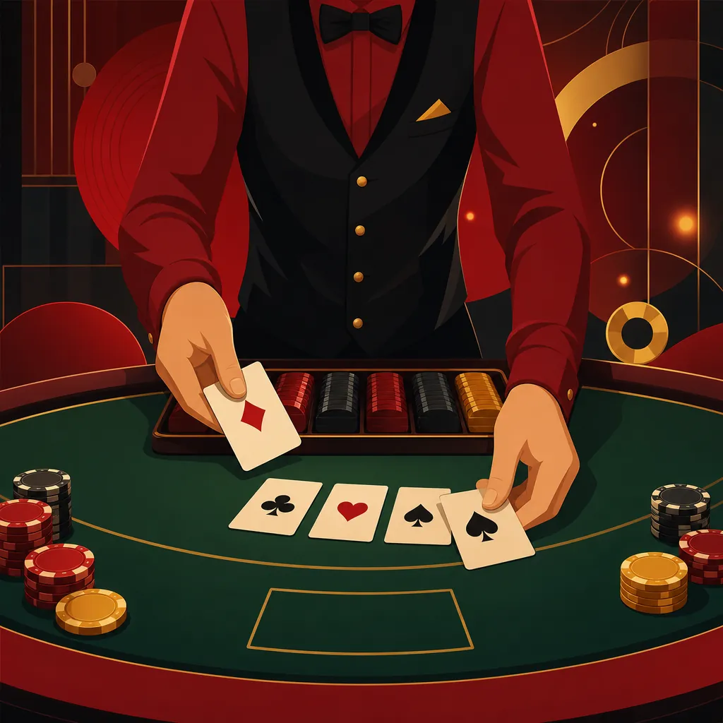 Ilustrasi tangan dealer membagikan kartu remi ke meja kain hijau dengan chip di dekatnya
