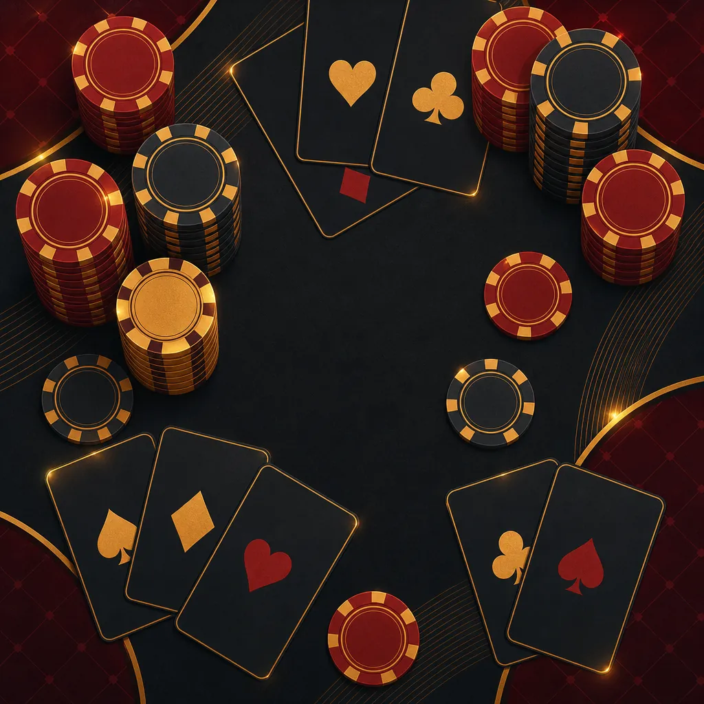 Ilustrasi tampak atas menara chip poker dan kartu remi tersebar di atas kain gelap