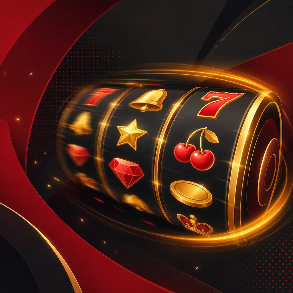 Ilustrasi gulungan slot berputar dengan jejak cahaya dan simbol berkilau