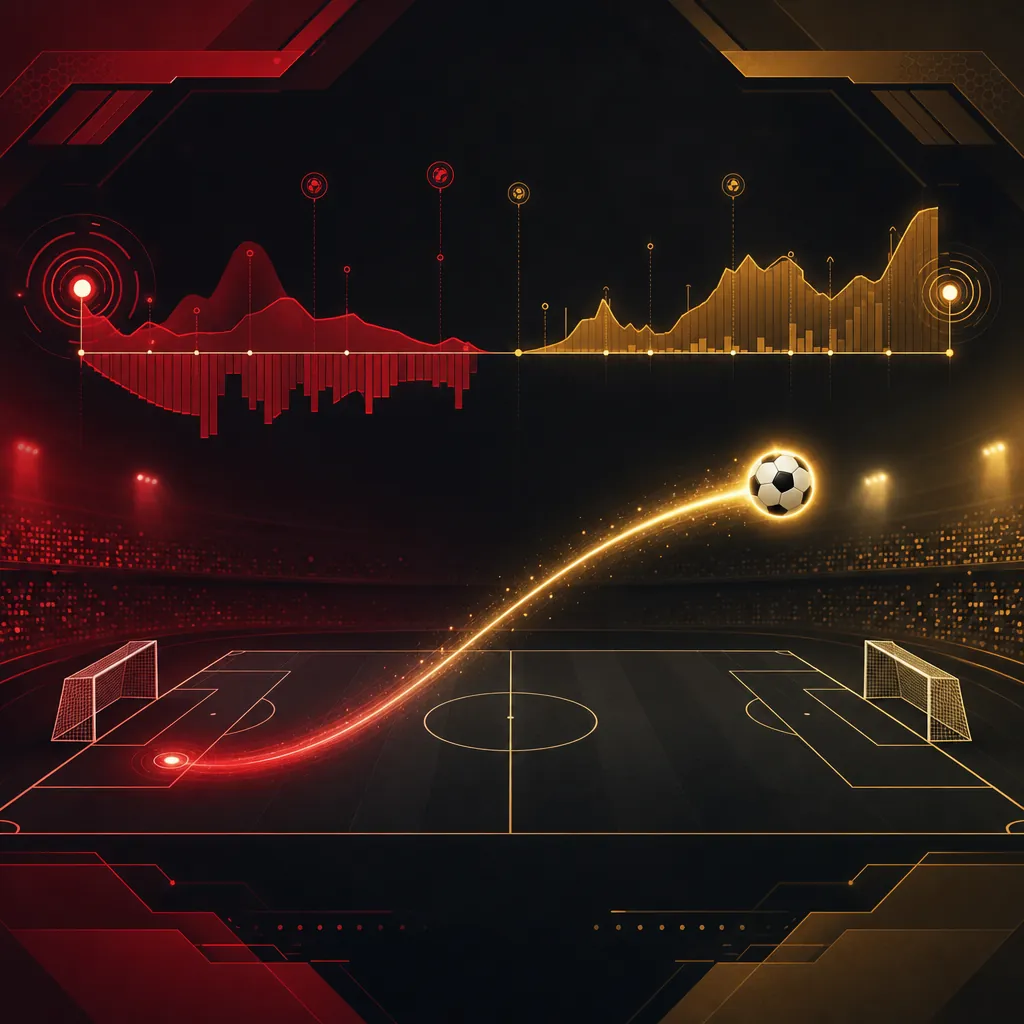 Ilustrasi grafik momentum pertandingan dengan lintasan bola melengkung di atas garis lapangan